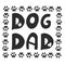 Handwriting ``Dog Dad`` text. Doodle black paw print. Happy Father`s Day greeting card