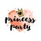 Handwriting inscription Princess party with a golden glitter crown on the red watercolor heart.