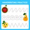 Handwriting practice sheet. Basic letter. Educational game for children. Cartoon fruits. Line tracing, spiral and zigzag. Vector