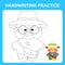 Handwriting practice. Trace the lines and color the Lalafanfan duck wearing a hat. Educational kids game, coloring book sheet,