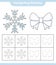 Handwriting practice. Tracing lines of Snowflake and Ribbon. Educational children game, printable worksheet, vector illustration