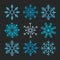 Handwriting snowflake collection isolated on black background. Flat snow icon, snow flakes silhouette. Snowflakes for christmas