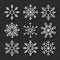 Handwriting snowflake collection isolated on black background. Flat snow icon, snow flakes silhouette. Snowflakes for christmas