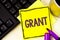 Handwriting text Grant. Concept meaning Money given by an organization or government for a purpose Scholarship written on Sticky N