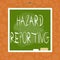 Handwriting text Hazard Reporting. Concept meaning account or statement describing the danger or risk Asymmetrical