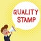 Handwriting text Quality Stamp. Concept meaning Seal of Approval Good Impression Qualified Passed Inspection Young Man