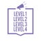 Handwriting text writing Level 1 Level 2 Level 3 Level 4. Concept meaning Steps levels of a process work flow Megaphone loudspeake