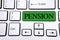 Handwriting text writing Pension. Concept meaning Income seniors earn after retirement Saves for elderly years written on Green Ke