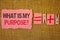 Handwriting text writing What Is My Purpose Question. Concept meaning Direction Importance Discernment Reflection Jute sacks plus