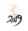 Handwritten 2019 and golden angel plays the trumpet for the New Year design.