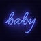 Handwritten baby lettering on dark brick wall. Blue neon shining and extinguished words. Logo, emblem template. Bright