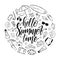 Handwritten elegant brush lettering of Hello Summer Time with set of vacation elements. Tropical Journey decoration.