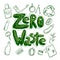 Handwritten green lettering Zero waste with eco friendly objects. Ecological illustration