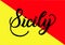 Handwritten inscription Sicily and colors of the sicilian flag. Hand drawn lettering. Calligraphic element for your design. Vector