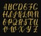 Handwritten latin calligraphy brush script of capital letters. Gold glitter alphabet. Vector