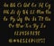Handwritten latin calligraphy brush script with numbers and symbols. Gold glitter alphabet. Vector