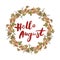 Handwritten lettering Hello August with grapes wreath