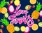 Handwritten lettering love fruits on bright background of summer tropical fruits