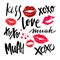 Handwritten Lettering with Red Woman Lips. Vector Lipstick Kisses. XOXO, Love, Kiss and Muah Phrases on Valentines Day.