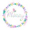Handwritten lettering with word mommy and heart inside a floral wreath. Isolated vector illustration.