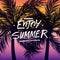 Handwritten phrase Enjoy Summer on summertime background with palm trees silhouette.