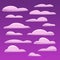 Handwritten purple clouds pack. Cute and fluffy clouds collection