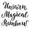 Handwritten Rainbow, Magical, Unicorn lettering.