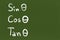 Handwritten Sin zeta Cos zeta Tan zeta on Green chalkboard or blackboard texture. illustration trigonometric formulas formula.