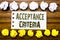 Handwritten text showing Acceptance Criteria. Business concept for Digital Criterion Written on sticky note, wooden with sticky, m