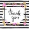 Handwritten Thank you text. Frame of flowers. Striped background.