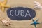 Handwritten word CUBA written in chalk, among seashells and starfishes