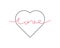 Handwritten word love and heart on white background . Blue outline heart with red handdraw continuous LOVE word