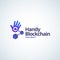 Handy Blockchain Technology Absrtract Vector Sign, Symbol or Logo Template. Palm Hand with Conected Cubes Chain Gradient