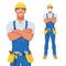 Handyman in bib overalls, hard hat and protective glasses with arms over chest. Vector cartoon character.
