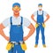 Handyman in bib overalls and protective glasses with arms akimbo. Vector cartoon character.