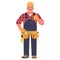 Handyman or builder. A man in a construction helmet and with tools shows a gesture cool. Thumb up