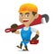 Handyman carrying adjustable wrench and toolbox