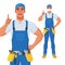 Handyman in overall and tool belt pointing finger up to give advice. Vector cartoon character.