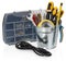 Handyman tool set: screwdrivers, wrenches, tape, pliers, measuring, tape, flashlight, wire container with screws.