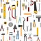 Handyman tools. Seamless. Vector illustration background. Hammer, ax, clamp, nail, pliers, saw, brush, roller, screw, screwdriver