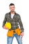 Handyman wearing tool belt while holding helmet and gloves