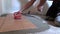 Handyman worker place floor tiles. Home improvement, renovation