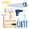 Handyman working kit, home repair tools. House building equipment design elements set. Vector illustration
