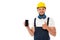 Handyman in workwear showing like gesture while holding smartphone with blank screen isolated on white