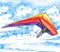 Hang glider on a bright colorful aircraft, sky with clouds landscape in soft colors palette, hand painted watercolor