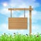 Hang wood board sign with grass and sky