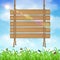 Hang wood board sign with grass and sky