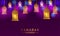 Hanged golden flat lantern glow with purple background for islamic event ramadan mubarak and kareem