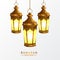 hanged group 3D golden realistic fanous arabic lantern lamp with white background for islamic event