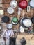 Hanged saucepans on a wooden wall of a house in Romania